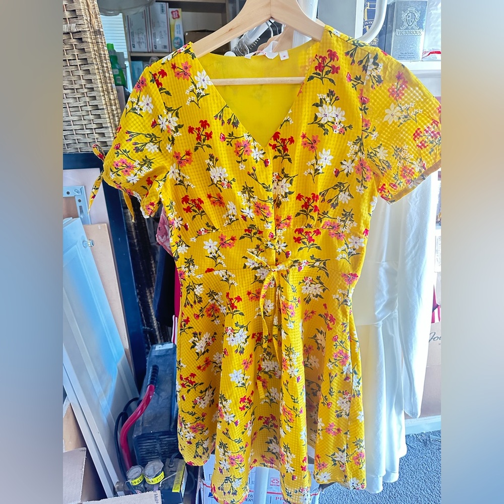 Yellow Floral Mini Dress with Tie Waist